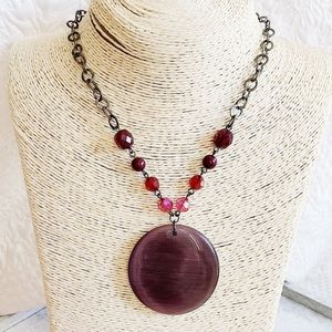 Necklace w Glass Pendant w Red Pink Purple beads